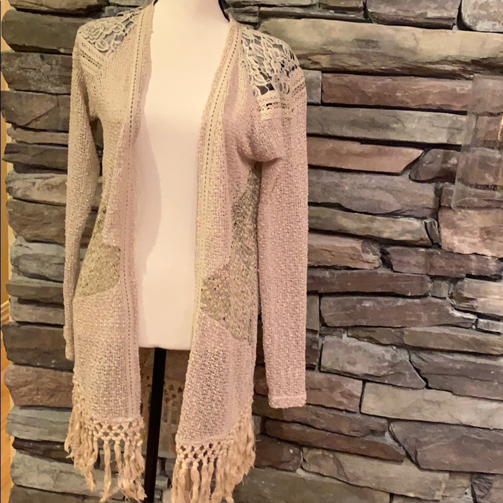 Cardigan with fringe hem and knit lace details